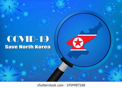 Save North Korea  for stop virus sign. Covid-19 virus cells or corona virus and bacteria close up isolated on blue background,
Poster Advertisement Flyers Vector Illustration.