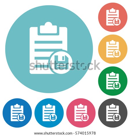 Save note flat white icons on round color backgrounds