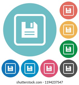 Save object flat white icons on round color backgrounds