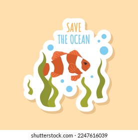 Save ocean badge. Slaves swims underwater with algae. Flora and fauna. Graphic element for site. Stop spreading garbage in sea and water. Climate and global problems. Cartoon flat vector illustration