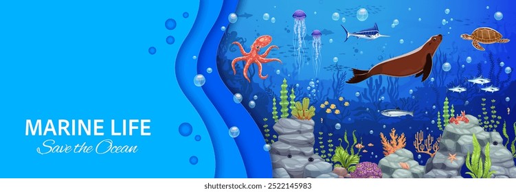 Save the ocean banner with underwater landscape and sea animals. Vector 3d paper cut emphasizing ocean conservation, marine life and underwater ecosystem filled with colorful sea creatures and plants