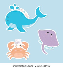 Save the ocean cartoon Eco stickers pack. Happy Oceans Day. Vector illustration