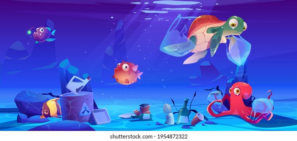 Save ocean cartoon poster with underwater animals and trash in sea. Water pollution with plastic ecological problem. Unhappy octopus and turtle on dirty polluted bottom covered with garbage, vector