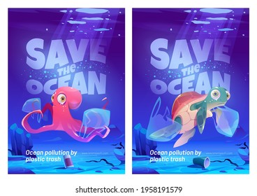 Save ocean cartoon posters with underwater animals and trash in sea. Water pollution with plastic ecological problem. Unhappy octopus and turtle on dirty polluted bottom covered with garbage, vector