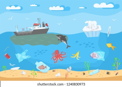 Save the ocean concept. Color vector illustration of sea pollution and global warming at blue sky background