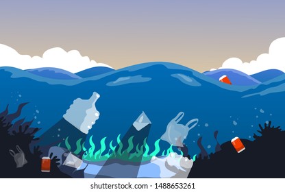 Save the ocean concept. Color vector illustration of sea pollution and global warming at blue sky background