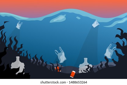 Save the ocean concept. Color vector illustration of sea pollution and global warming at blue sky background