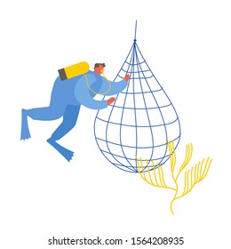 Save Ocean Concept. Diver Collecting Trash into Basket Underwater Isolated on White Background. Plastic Pollution of Sea with Different Kinds of Garbage. Dirty Water. Cartoon Flat Vector Illustration