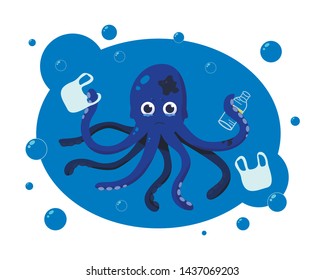 Save the ocean concept: sad octopus with oil stain on the head is crying holding plastic bottle and plastic bags are swimming around, Underwater debris: plastic-free concept.