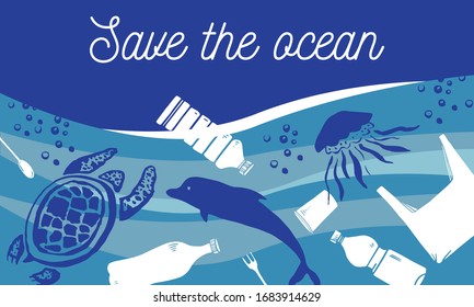 Save the ocean concept. Sea animals swiming with waste