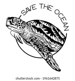 Save the ocean concept. Sea turtle, vector hand-drawn ink