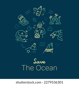 Save the ocean concept vector illustration. Line art style dark background design for Article, Web page, Banner, Poster, Print ad, etc.