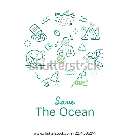 Save the ocean concept vector illustration. Line art style light background design for Article, Web page, Banner, Poster, Print ad, etc.