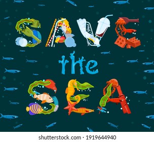 Salven el océano. Diferentes residuos contaminan el mar y la playa. Afiche horizontal. Aguas contaminadas. Amenaza al ecosistema. Crisis ecológica de contaminación del plástico. Grabación creativa. Ilustración del vector