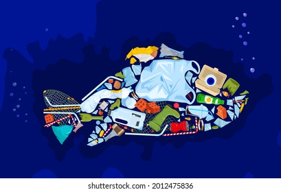 Save the ocean. Different waste polluting sea and beach. Landscape poster. Polluted waters. Microplastics - threat to the ecosystem. Plastic pollution ecology crisis. Big problem. Vector illustration