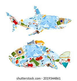 Save the ocean. Different waste polluting sea and beach in a fish shape. Polluted waters. Microplastics - threat to the ecosystem. Plastic pollution ecology crisis. Big problem. Vector illustration