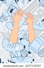 Save ocean and Earth concept. Hands in a pile of plastic, social poster with floating garbage. 