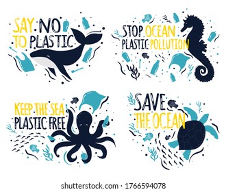 Save the Ocean. Ecology stickers collection, lettering.Say No to plastic, Stop Ocean Pollution,Plastic Free sea. Sea animals - Whale, Octopus, Sea horse.  Plastic waste ocean, no to single use plastic