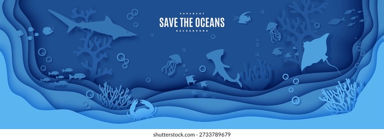 Salvar o fundo de recorte de papel do ambiente oceânico. Cena subaquática em camadas com arraia, peixe-martelo, tubarão, água-viva, caranguejo, vida de recife de coral. Conceito de vida marinha vetorial. Embarcação de papel em camadas bg