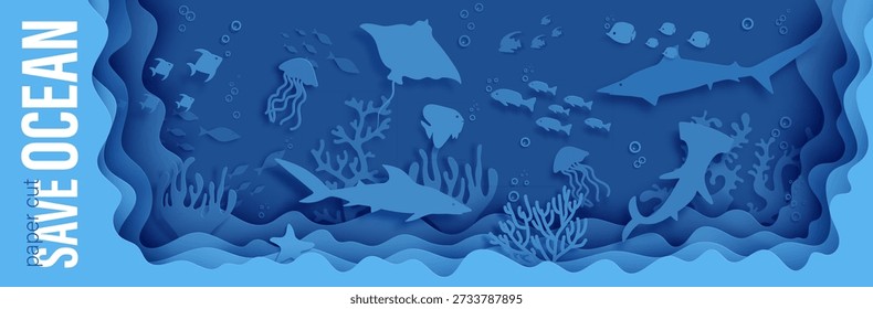 Salve o fundo de recorte de fantasia do oceano. Cena subaquática em camadas de papel artesanal bg com arraia, peixe martelo, tubarão, água-viva, caranguejo, coral, design de recorte de onda. Conceito de vida marinha vetorial