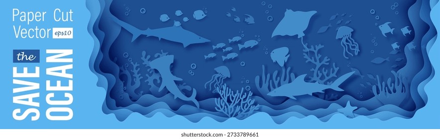 Save the ocean fantasia papercut background apresenta cena subaquática em camadas. Design de recorte azul com arraia martelo peixe tubarão água-viva caranguejo coral padrão de onda. Recife de fundo oceânico sob a vida bg