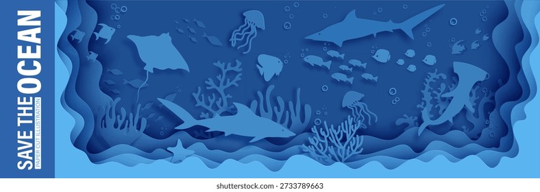 El fondo de papercut de fantasía oceánica. Escena submarina de artesanía de papel en capas bg con raya, pez martillo, tiburón, medusa, cangrejo, coral, diseño de recorte de ola. Concepto de la vida marina del mar del Vector