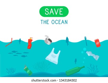Save the ocean. Garbage and waste in the ocean water. Reduce reuse recycle. Vector