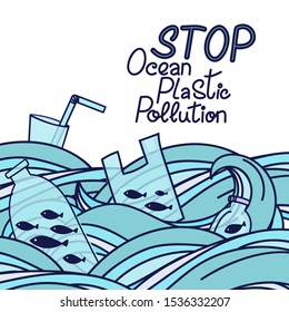 Save the ocean hand drawn lettering. Plastic garbage, bag, bottle, plastic conteners, straws and cutleryin the ocean. Vector illustration in doodle style. Protect ocean concept
