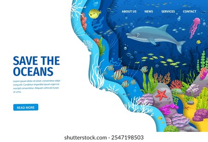 Guardar La página de aterrizaje del océano, paisaje submarino cortado en papel con delfines, bancos de peces y animales marinos. Página de aterrizaje del Sitio web con el borde 3D del Vector Guardar de las capas onduladas cortadas del papel, el concepto del eco del océano