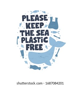 Save the ocean life word concept banner. Stop water pollution isolated vector illustration. Planet protection t shirt print idea. Plastic bottle and bag, whale and turtle clipart.