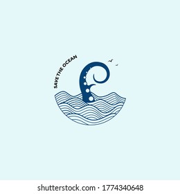Save the ocean logo vector with tentacle octopus and wave illustration