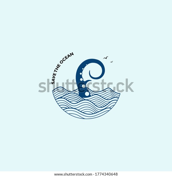 Save the ocean logo vector with tentacle\
octopus and wave\
illustration