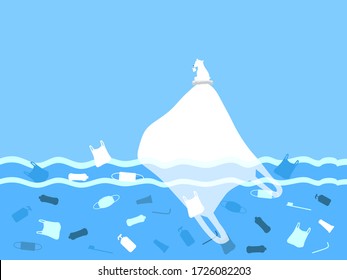 Save the ocean. Ocean's plastic pollution. North Polar Bear on plastic bags mountain. Global warming