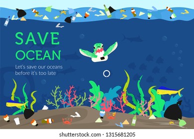 Save Ocean Plastic Pollution Environmental Problem Stock Vector ...