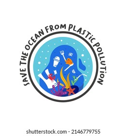 Save the ocean from plastic pollution flat illustration vector concept suitable for world environment day, world ocean day or ecological campaign