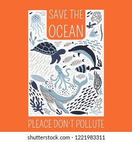 Save the ocean please dont't pollute poster. Set with hand drawn sea life elements.   