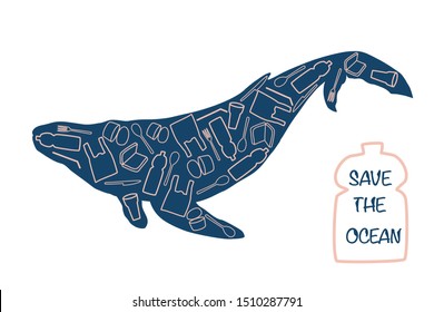 Save the ocean pollution waste foam bottles, plastic trash bags and other rubbish in whales. For the sea conservation campaign
