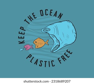 save the ocean poster design, keep the ocean plastic free, recycle, reuse, reduce, save the nature vector art, sustainable, 