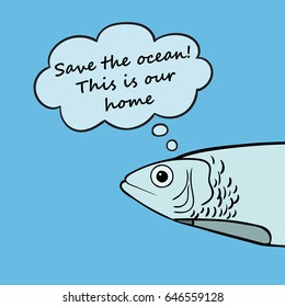 Save Ocean poster. Sardine fish vector illustration.