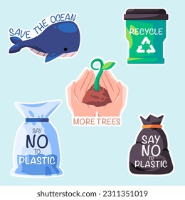 save the ocean recycle more trees and say no to plastic save earth poster illustration sticker badge design