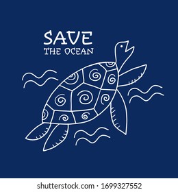 Save the Ocean, sea turtles crying for help. Sketch for your design. Vector illustration