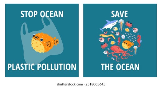 Save the ocean, Stop ocean plastic pollution agitational flat posters set. Marine wildlife fauna, underwater animals. Ecology stickers collection. Zero waste, recycle, nature, eco life concept