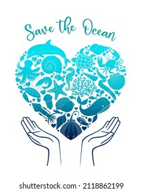 Save the Ocean template. Fish, sea turtles, starfish, dolphins, whales and other ocean inhabitants. Heart-shaped silhouettes on the hands. Vector Illustration