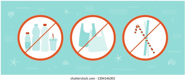 Save the ocean. Vector illustration with plastic bags, bottles and  straws. Trash in the sea.