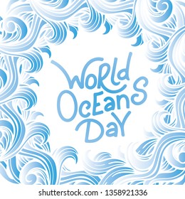 Save the ocean. Vector illustration with ocean waves and hand drawn lattering. Isolated on white background.