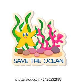 Save the Ocean - vector sticker, rescue and conservation of water resources, symbol saving the environment.