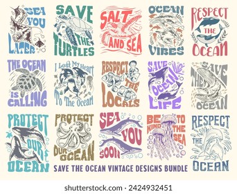 Speichern Sie das Ozean Vintage Grafik Poster Set, Umwelt Zitate Bundle. Save the Ocean Typografy T-Shirt-Designs Bundle, Earth Day, Natur-Liebhaber-Design. Ökologisches und ökologisches Design für den Druck. 