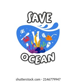 Save the ocean with wave background flat illustration vector concept suitable for world environment day, world ocean day or ecological campaign