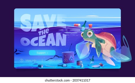 Save ocean website with turtle, plastic bags and garbage in water. Vector landing page of sea pollution with cartoon sad marine animal, trash and toxic wastes underwater