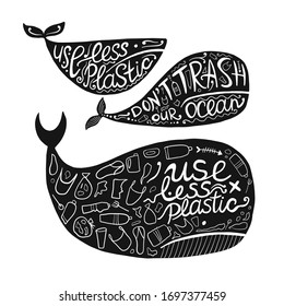 Save ocean. Whale ocean. Lettering. Pollution problem concept, ecology banner for your design. Vector illustration